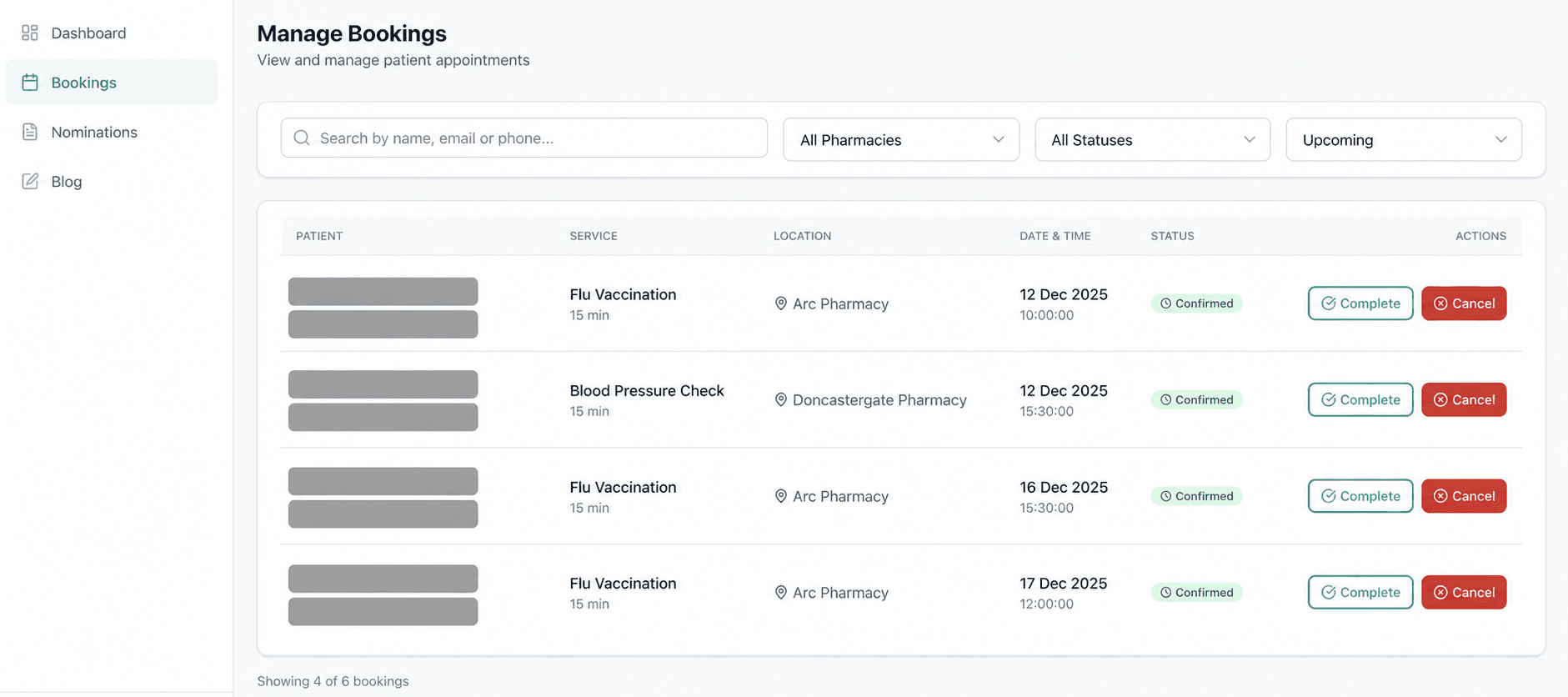EA Pharma Group booking dashboard showing confirmed flu vaccination and blood pressure bookings, patient names hidden