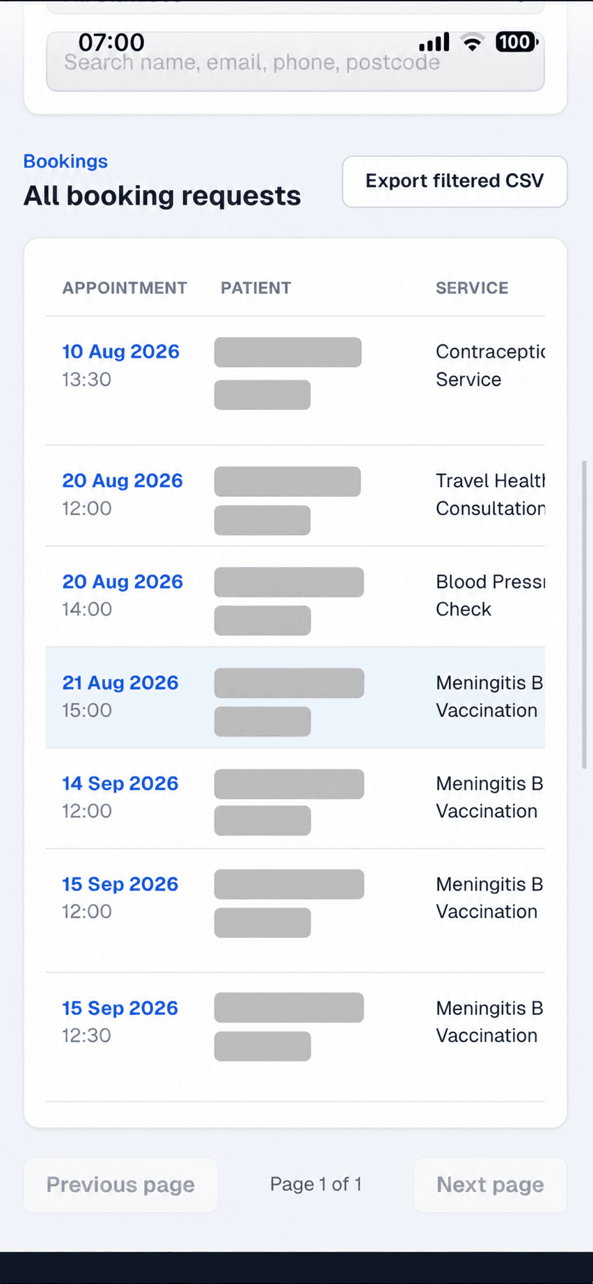 Leeds Pharmacy booking dashboard on a phone showing vaccination and consultation bookings, patient names hidden